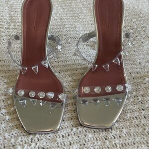 Amina Muaddi Silver Sandals with Clear Accents